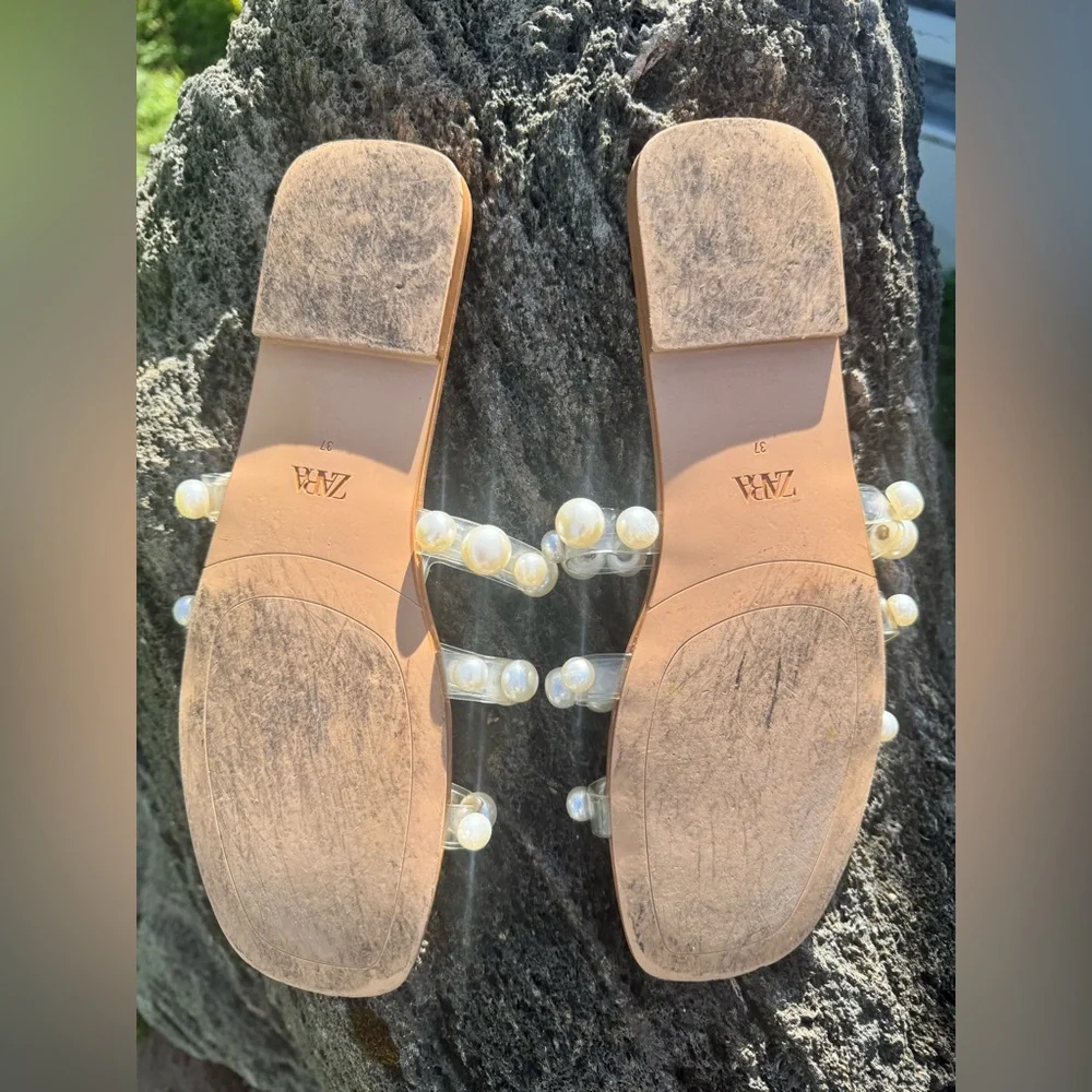 Zara Tan Pearl Embellished Sandals, Size 37(7) - Picture 10 of 10